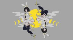  2girls animal_ear_hairband animal_ears bandaged_leg bandages black_eyes black_hair black_shirt black_thighhighs blunt_bangs clone closed_mouth commentary_request expressionless fake_animal_ears floating from_side fuyuu_gekkougai_(vocaloid) grey_background grey_hoodie hairband high_heels highres hood hood_down hoodie inabakumori innertube long_sleeves looking_at_viewer looking_to_the_side moon_phases multiple_girls nukunuku_nigirimeshi open_clothes open_hoodie osage_(nukunuku_nigirimeshi) rabbit_ear_hairband rabbit_ears recurring_image rotational_symmetry shirt short_hair simple_background swim_ring thighhighs vocaloid wide_sleeves xiangyun 