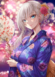  aerial_fireworks animal_print back_bow blue_eyes blurry blurry_background bow breasts closed_mouth collarbone comiket_104 eyelashes female fireworks fish_print floral_print flower goldfish_print grey_hair hair_flower hair_ornament hand_fan highres holding holding_fan japanese_clothes kimono large_breasts nail_polish orange_flower original paper_fan pink_flower pink_nails purple_kimono sakiyamama signature solo upper_body yukata 