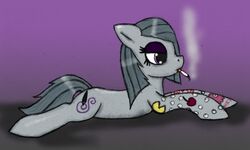  bandai_namco blinky_(pac-man) cigarette crossover cutie_mark digital_media_(artwork) earth_pony equid equine female feral friendship_is_magic full-length_portrait fur grey_body grey_fur grey_hair hair hair_over_eye half-closed_eyes hasbro horse lying mammal marble_pie_(mlp) my_little_pony narrowed_eyes nude on_front one_eye_obstructed pac-man pac-man_(series) pinky_(pac-man) pony portrait purple_background purple_eyes quadruped side_view simple_background smoke smoking solo tattoo unknown_artist 