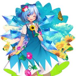  ;d ahoge blue_bow blue_dress blue_eyes blue_hair blue_ribbon blush bow breasts bug butterfly cirno cloud collarbone collared_shirt commentary_request cowboy_shot day dress female flower frilled_shirt_collar frills hair_between_eyes hair_flower hair_ornament hairbow hand_up hibiscus highres ice ice_wings ivy koto_seori lace lace-trimmed_collar lace-trimmed_dress lace-trimmed_sleeves lace_trim leaf legs_apart looking_at_viewer morning_glory neck_ribbon one_eye_closed open_mouth photo_inset pink_flower plant puffy_short_sleeves puffy_sleeves purple_flower red_flower red_ribbon ribbon see-through see-through_sleeves shirt short_hair short_sleeves skirt_hold sky small_breasts smile solo standing sunflower swallowtail_butterfly touhou two-sided_fabric v vines white_flower white_shirt wings yellow_butterfly yellow_flower 