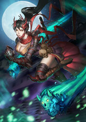  black_hair breasts claws cleavage commentary female full_body full_moon ghost hair_ornament highres horns katana long_hair looking_at_viewer moon night night_sky oni oni_horns photoshop_(medium) ponytail purple_legwear red_scarf scarf sgt_lonely shoulder_spikes skull sky solo spikes sword weapon yellow_eyes 