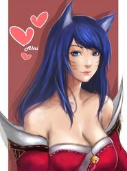  ahri_(league_of_legends) animal_ears bare_shoulders blue_eyes breasts cleavage commentary_request detached_sleeves facial_mark female fox_ears heart highres ikhwan_maulana korean_clothes large_breasts league_of_legends lips long_hair looking_at_viewer nose red_background shadow simple_background smile solo upper_body whisker_markings white_background 