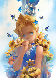  blonde_hair blue_eyes choker commentary_request flower looking_at_viewer malu original photoshop_(medium) pointy_ears short_hair solo star_(symbol) sunflower upper_body 