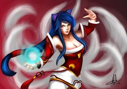  ahri_(league_of_legends) animal_ears bare_shoulders breasts brown_eyes casting_spell cleavage collarbone commentary_request detached_sleeves energy_orb facial_mark female fox_ears ikhwan_maulana korean_clothes large_breasts league_of_legends lips long_hair looking_at_viewer magic multiple_tails nose photoshop_(medium) red_background signature smile solo tail upper_body whisker_markings 