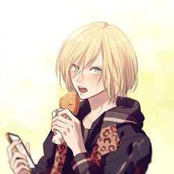  1boy animal_print blonde_hair cellphone commentary_request food green_eyes hood hoodie kurosujuu leopard_print male_focus open_mouth phone photoshop_(medium) smartphone taiyaki wagashi yuri!!!_on_ice yuri_plisetsky 