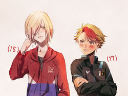  2boys blonde_hair brown_eyes commentary_request crossed_arms green_eyes hair_over_one_eye hood hoodie jacket kurosujuu male_focus minami_kenjirou multicolored_hair multiple_boys oerba_yun_fang photoshop_(medium) red_hair track_jacket yuri!!!_on_ice yuri_plisetsky 