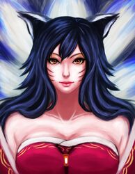  ahri_(league_of_legends) animal_ears bare_shoulders blue_eyes breasts cleavage commentary_request detached_sleeves facial_mark female fox_ears ikhwan_maulana korean_clothes large_breasts league_of_legends lips long_hair looking_at_viewer nose photoshop_(medium) red_background shadow simple_background smile solo symmetry upper_body whisker_markings white_background 