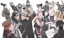  6+boys 6+girls aburame_shino akimichi_chouji blush everyone forehead_protector hyuuga_hanabi hyuuga_hinata ino_yamanaka inuzuka_kiba might_guy multiple_boys multiple_girls nara_shikamaru naruto naruto:_the_last official_art rock_lee sai sakura_haruno sarutobi_konohamaru simple_background tenten umino_iruka uzumaki_naruto whiskers 