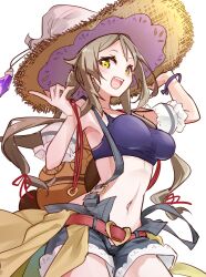  :d atelier_(series) atelier_firis bag belt blush bracelet breasts brown_hair cowboy_shot crystal denim denim_shorts female firis_mistlud firis_mistlud_(resort_vacation) green_eyes hat jewelry karasumi_(aiseec) long_hair looking_at_viewer navel open_mouth shorts sidelocks simple_background smile solo white_background witch_hat 