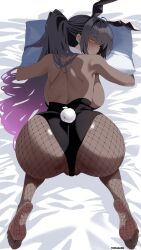  animal_ears ass ass_focus back bare_back bare_shoulders bed bed_sheet black_hair black_leotard blue_archive blush breasts dark-skinned_female dark_skin fake_animal_ears female fishnet_pantyhose fishnets from_behind highres huge_ass hugging_object karin_(blue_archive) karin_(bunny)_(blue_archive) large_breasts leotard long_hair looking_at_viewer looking_back lying no_shoes official_alternate_costume on_bed pantyhose pillow playboy_bunny rabbit_ears rabbit_tail solo strapless strapless_leotard tail torakami14 yellow_eyes 