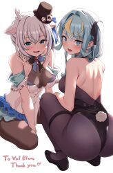  2girls absurdres animal_ears antlers aqua_hair arm_cuffs arm_garter ass between_legs black_leotard blonde_hair blue_bow blue_eyes blue_hair bow breasts commission cosplay costume_switch deer_antlers deer_ears deer_girl dice fake_tail from_behind grey_hair hakushika_iori hand_between_legs hat highleg highleg_leotard highres horns kaminari_clara leotard long_hair looking_at_viewer looking_back medium_breasts mini_hat mini_top_hat multicolored_hair multiple_girls oerba_yun_fang open_mouth pantyhose phase_connect playboy_bunny rabbit_tail ribbon sitting skeb_commission spade_(shape) squatting streaked_hair suzuushi tail top_hat virtual_youtuber white_background white_leotard 