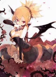  apple blonde_hair bow breasts bright_pupils cleavage demon_wings detached_sleeves disgaea dress earrings female flower food fruit gun highres holding holding_gun holding_weapon jewelry kakuwashi makai_senki_disgaea_2 pointy_ears red_eyes red_flower red_rose ring rose rozalin weapon white_pupils wings 