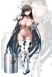  absurdres animal_print bell bikini black_hair black_halo blue_archive breasts commentary cow_horns cow_print cow_print_bikini cow_print_gloves cow_print_thighhighs elbow_gloves fake_horns female gloves hair_ornament halo highres holding holding_tablet_pc horns huge_breasts long_hair mijikayo millennium_science_school_logo navel neck_bell print_bikini print_gloves print_thighhighs red_eyes rio_(blue_archive) solo stomach swimsuit symbol-only_commentary tablet_pc tank_(container) thighhighs thighs very_long_hair white_background zoom_layer 