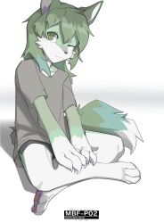  2024 4_fingers 4_toes anthro black_nose bottomwear canid canine clothing feet female fingers fox fur green_body green_eyes green_fur green_hair hair half-closed_eyes hi_res inner_ear_fluff looking_at_viewer mammal mbf-p02 narrowed_eyes pawpads paws purple_body purple_fur shirt shorts sitting solo straviios toes topwear tuft white_body white_fur 