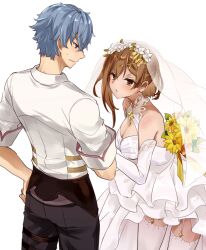  1boy atelier_(series) atelier_ryza bare_shoulders black_pants blue_hair bos_brunnen bouquet breasts bridal_veil brown_eyes brown_hair cleavage commentary_request dress female flower gloves hair_ornament hairclip hand_on_own_hip highres karasumi_(aiseec) looking_at_another looking_down pants profile purple_eyes reisalin_stout shirt short_hair simple_background standing sweatdrop veil wedding_dress white_background white_dress white_gloves white_shirt yellow_flower 