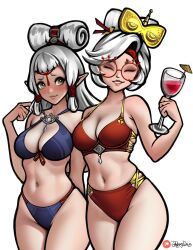  2girls bare_shoulders bikini blue_bikini blush breasts cleavage commentary cup drinking_glass english_commentary glasses hair_ornament highres jackary large_breasts long_hair midriff multiple_girls navel paya_(zelda) pointy_ears purah red_bikini red_eyes sheikah short_hair smile swimsuit the_legend_of_zelda the_legend_of_zelda:_tears_of_the_kingdom thighs watermark web_address white_background white_hair wine_glass 