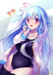  !? ahoge bemani blue_hair blush breasts collarbone covered_navel female hood hoodie ichika_(bemani) kujou_mikuru large_breasts long_hair long_sleeves looking_at_viewer multicolored_hair open_mouth red_eyes school_swimsuit solo surprised swimsuit two-tone_hair very_long_hair white_hair white_hoodie 