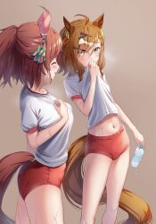  2girls absurdres ahoge animal_ears blush bottle breasts brown_eyes buruma closed_eyes collarbone commentary_request dantsu_flame_(umamusume) gym_uniform hair_between_eyes hair_ornament highres horse_girl jungle_pocket_(umamusume) looking_at_viewer medium_breasts medium_hair multiple_girls navel reo-illust4696 simple_background steaming_body sweat umamusume water_bottle 