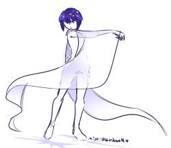  1other artist_name blue_hair cape commentary english_commentary full_body houseki_no_kuni miss_mossball phosphophyllite_(ll) see-through see-through_cape short_hair simple_background solo standing white_background white_cape 