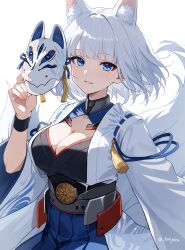  absurdres animal_ear_fluff animal_ears azur_lane blue_eyes blue_hakama blush breasts cleavage cleavage_cutout clothing_cutout extra_ears female fingernails fox_ears fox_mask fox_tail hakama hakama_short_skirt hakama_skirt highres holding holding_mask honyara-san japanese_clothes kaga_(azur_lane) kimono kitsune kyuubi large_breasts looking_at_viewer mask multiple_tails short_hair simple_background skirt smile solo tail tearing_up tears white_background white_hair white_kimono wide_sleeves 