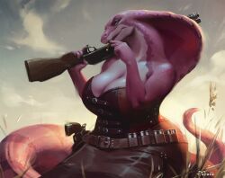  anthro apode big_breasts blue_eyes breasts cigarette cleavage clothed clothing corset digital_media_(artwork) digital_painting_(artwork) draconcopode eruca female field gun gun_belt gun_on_shoulder handgun holding_gun holding_object holding_ranged_weapon holding_weapon legless lingerie naga outside pink_body pistol pupils ranged_weapon serpentine shell_(projectile) shotgun shotgun_shell slit_pupils smoking snake_hood solo topwear weapon yesenia_(character) 