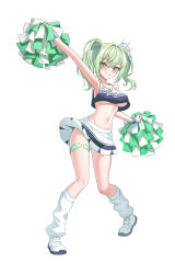  absurdres arm_up armpits baggy_socks bare_shoulders blue_wristband breasts cheerleader cleavage crop_top female full_body green_hair grin hair_between_eyes hair_ornament highres holding holding_pom_poms looking_at_viewer medium_hair open_mouth pom_pom_(cheerleading) simple_background skirt smile socks solo standing stellive teeth twintails virtual_youtuber white_background white_footwear white_skirt white_socks wristband yt9676 yuzuha_riko 