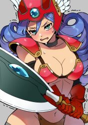  armor axe battle_axe bikini_armor black_choker blue_hair blush breasts choker commentary_request curly_hair dragon_quest dragon_quest_iii female gloves helmet highres holding holding_axe kuzuno_ha large_breasts long_hair navel pauldrons red_gloves red_helmet shoulder_armor soldier_(dq3) solo sweat trembling v-shaped_eyebrows wavy_mouth weapon winged_helmet 