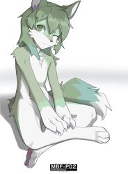  2024 4_fingers 4_toes anthro black_nose bottomwear canid canine chest_tuft clothing crotch_tuft feet female fingers fox fur green_body green_eyes green_fur green_hair hair half-closed_eyes hi_res inner_ear_fluff looking_at_viewer mammal mbf-p02 narrowed_eyes nude pawpads paws purple_body purple_fur shirt shorts sitting solo straviios toes topwear tuft white_body white_fur 