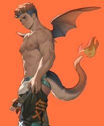  1boy aqua_male_underwear bara bat_tail bat_wings bulge closed_mouth clothes_pull cowboy_shot demon_ears fiery_tail fire highres i&#039;ve_never_seen_a_guy_recreate_this_successfully_tbh_(meme) jockstrap light_smile male_focus male_underwear meme ming_feng_(disx_sleep) muscular muscular_male navel nipples orange_background original pants pants_pull pectorals red_hair short_hair simple_background solo tail topless_male underwear wings 