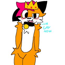  anthro black_ears blue_text blush blush_lines bottomless canid canine chest_tuft clothed clothing collar crown digital_media_(artwork) english_text fangs fox front_view fur hair headgear male mammal multicolored_body multicolored_fur open_mouth orange_body orange_fur pink_hair portrait sanfox short_hair simple_background solo source_request teeth text three-quarter_portrait toony topless tuft two_tone_body two_tone_fur white_background white_body white_fur white_sclera 