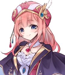  atelier_(series) atelier_lulua black_jacket blue_eyes breasts cleavage closed_mouth commentary_request detached_collar female hat jacket karasumi_(aiseec) long_hair looking_at_viewer pink_hair pink_hat rorolina_frixell shirt simple_background smile solo upper_body white_background white_shirt 