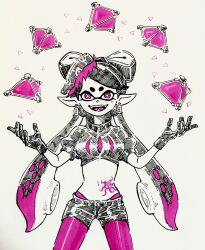  belt black_belt black_collar black_gloves black_hair black_shirt black_shorts bow-shaped_hair bright_pupils callie_(splatoon) collar commentary_request cowboy_shot crop_top cross-shaped_pupils earrings female food food-themed_earrings food_art gloves hands_up highres ichi27ichi inkling jewelry limited_palette long_hair long_pointy_ears midriff mole mole_under_eye multicolored_hair navel oerba_yun_fang official_alternate_costume open_mouth panties panty_straps pantyhose pantyhose_under_shorts pink_eyes pink_hair pink_panties pink_pantyhose pointy_ears puffy_short_sleeves puffy_sleeves shirt short_sleeves shorts solo splat_bomb_(splatoon) splatoon_(series) splatoon_2 stomach_tattoo studded_belt studded_collar suction_cups swept_bangs symbol-shaped_pupils tako-san_wiener tattoo tentacle_hair traditional_media twintails two-tone_hair underwear white_pupils 