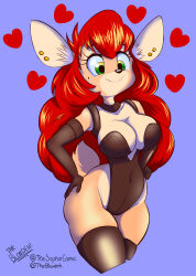  absurd_res anthro ass big_breasts big_butt big_eyes breasts bunny_costume clothed clothing costume deer ear_piercing female green_eyes hair hi_res huge_breasts huge_butt leggings legwear long_hair love mammal piercing red_hair skimpy smile solo sophie_(forest_fever) suggestive the_blondeh thick_thighs wide_hips 