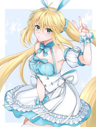  absurdres ahoge animal_ears artoria_caster_(fate) artoria_caster_(swimsuit)_(fate) artoria_caster_(swimsuit)_(second_ascension)_(fate) artoria_pendragon_(fate) bare_shoulders blonde_hair blue_dress blush breasts dress fake_animal_ears fate/grand_order fate_(series) female green_eyes hairband highres kawairuka_ko long_hair looking_at_viewer medium_breasts puffy_short_sleeves puffy_sleeves rabbit_ears short_sleeves skirt solo twintails white_skirt 