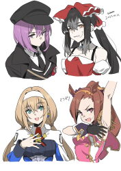  4girls absurdres animal_ears armpits artist_name asymmetrical_hair black_hair black_necktie blonde_hair blue_dress blush bow breasts brown_hair capelet collared_shirt cookie_(touhou) cyjalway dated dress expressionless flower_in_eye geru_futota green_eyes hair_between_eyes hairband hairbow hakurei_reimu hat highres horse_ears horse_girl long_hair looking_at_viewer low_twintails medium_breasts military military_uniform mitsuba_greyvalley multiple_girls necktie open_mouth orange_eyes peaked_cap pink_shirt ponytail purple_eyes purple_hair red_bow red_dress red_necktie remilia_scarlet sakura_bakushin_o_(umamusume) shirt short_hair sidelocks simple_background sleeveless sleeveless_dress sleeveless_shirt smile super_robot_wars super_robot_wars_30 symbol_in_eye touhou translated twintails umamusume uniform upper_body white_background white_capelet white_hairband white_shirt yuyusu_(cookie) 