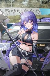  absurdres belt boots braid breasts car checkered_flag cleavage female fingerless_gloves flag genshin_impact gloves hair_ornament highleg highleg_panties highres holding holding_flag large_breasts long_hair motor_vehicle noa_(noa01010) panties purple_eyes purple_hair race_queen raiden_shogun skirt sports_car thigh_boots thigh_strap underboob underwear 