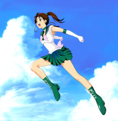  bishoujo_senshi_sailor_moon blue_sky boots brown_hair cloud cloudy_sky commentary_request earrings female gloves green_eyes green_footwear high_heel_boots high_heels high_ponytail jewelry jumping kino_makoto long_hair parody pirochi sailor_jupiter sailor_senshi_uniform shinohara_emi side_ponytail sky toki_wo_kakeru_shoujo voice_actor_connection white_gloves 