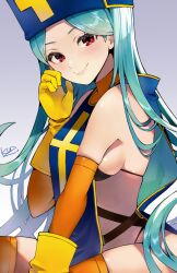  aqua_hair breasts closed_mouth commentary_request dragon_quest dragon_quest_iii female gloves grey_background hat highres kuzuno_ha large_breasts long_hair looking_at_viewer mitre priest_(dq3) red_eyes revealing_clothes sideboob simple_background sitting smile solo yellow_gloves yellow_trim 