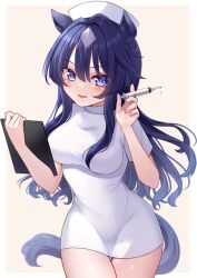  alternate_costume animal_ears blue_hair blush breasts commentary_request dark_blue_hair female hair_between_eyes hair_ornament holding holding_syringe horse_ears horse_girl komaki_yuzu nurse open_mouth purple_eyes solo syringe umamusume verxina_(umamusume) white_background 