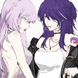  2girls acheron_(honkai:_star_rail) arm_tattoo bare_back black_choker black_jacket black_swan_(honkai:_star_rail) breasts choker colored_eyelashes ear_piercing earrings english_commentary hair_over_one_eye highres honkai:_star_rail honkai_(series) jacket jewelry lip_piercing long_hair looking_at_another multicolored_eyes multicolored_hair multiple_girls necklace parted_bangs piercing pink_hair pink_shirt profile purple_eyes purple_hair red_lips ring shirt silver_(holysilverz) streaked_hair tank_top tattoo upper_body white_background white_tank_top yuri 