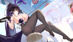  absurdres animal_ears arm_under_breasts azur_lane black_hair black_leotard black_pantyhose blush breasts bubble closed_mouth commentary_request facial_mark female fishnet_pantyhose fishnets floppy_ears fox_ears fox_girl fox_tail from_below gloves highres holding holding_tray large_breasts legs leotard long_hair looking_at_viewer musashi_(azur_lane) on_chair pantyhose ponytail solo strapless strapless_leotard suo_bu_ye_feng tail tray very_long_hair white_gloves yellow_eyes 