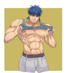  1boy abs bara bare_pectorals belt blue_eyes blue_hair clothes_lift cropped_legs fire_emblem fire_emblem:_radiant_dawn green_headband headband ike_(fire_emblem) kamabokozin large_pectorals male_focus navel nipples pectorals shirt_lift short_hair simple_background solo tank_top 