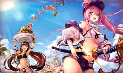  4girls almira_(dare_ga_tame_no_alchemist) arms_up bikini blue_sky brown_eyes brown_hair cloud cowboy_shot crossed_bangs dare_ga_tame_no_alchemist food fruit goggles goggles_on_head hair_between_eyes holding holding_plate holding_sword holding_weapon katana long_hair mielikki_(dare_ga_tame_no_alchemist) mira_(dare_ga_tame_no_alchemist) multiple_girls official_art open_mouth outdoors palm_tree pink_eyes pink_hair plate ponytail sailor_bikini sailor_collar sky smile standing suzuka_(dare_ga_tame_no_alchemist) swimsuit sword teeth tree upper_teeth_only visor_cap watermelon weapon white_bikini 