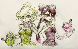  2girls :t absurdres bare_shoulders bow-shaped_hair breasts callie_(splatoon) cleavage closed_mouth commentary_request cropped_torso cross-shaped_pupils detached_collar disruptor_(splatoon) dress earrings gloves graphite_(medium) hand_on_another&#039;s_face highres holding hoop_earrings ichi27ichi inkling jewelry limited_palette long_hair looking_at_another marie_(splatoon) mole mole_under_eye multiple_girls open_mouth pointy_ears short_hair short_jumpsuit splatoon_(series) strapless strapless_dress swept_bangs symbol-shaped_pupils tentacle_hair traditional_media twintails 