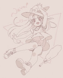  :d arm_up blush bow brown_background female full_body hat hat_bow heart highres jigatei_(omijin) long_hair looking_at_viewer monochrome navel original ribbed_socks romaji_text shirt shoes short_sleeves shorts smile socks solo teeth upper_teeth_only very_long_hair witch_hat 