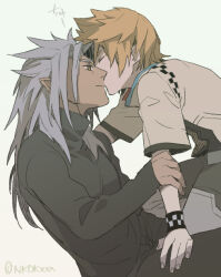  2boys black_pants black_shirt blonde_hair brown_eyes checkered_clothes closed_eyes commentary_request couple dark-skinned_male dark_skin from_side gradient_background grey_hair grey_pants hand_on_another&#039;s_leg height_difference jacket kingdom_hearts kingdom_hearts_ii kissing kissing_cheek long_hair long_sleeves male_focus multiple_boys nukaduke000 open_clothes open_jacket pants pointy_ears roxas shirt short_hair short_sleeves signature spiked_hair turtleneck turtleneck_shirt upper_body white_jacket wristband xemnas yaoi 