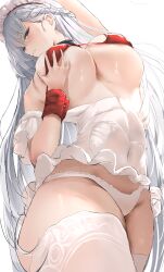  absurdres alternate_costume arm_up azur_lane bare_shoulders belfast_(azur_lane) blush breasts female highres large_breasts liaowen looking_at_viewer maid_headdress panties parted_lips seductive_smile simple_background smile solo thighhighs underboob underwear white_background white_hair white_panties white_thighhighs 