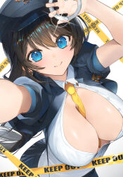  arms_up between_breasts black_hair black_hat blue_eyes blue_jacket breasts buttons caution_tape cleavage closed_mouth collared_shirt cuffs dress_shirt female from_above handcuffs hat highres holding holding_handcuffs hu_kotora jacket large_breasts long_hair looking_at_viewer necktie necktie_between_breasts no_bra open_clothes open_jacket original peaked_cap police police_badge police_hat police_uniform policewoman puffy_short_sleeves puffy_sleeves shirt shirt_tucked_in short_sleeves smile solo unbuttoned unbuttoned_shirt uniform very_long_hair white_shirt yellow_necktie 