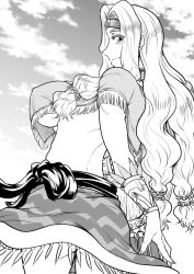  ass ass_peek aztec back bare_back bracer breasts closed_mouth covered_nipples cowboy_shot eyes_visible_through_hair fate/grand_order fate_(series) female from_side headband honookoma jewelry large_breasts light_smile long_hair looking_at_viewer looking_back low-tied_long_hair mexican_clothes midriff monochrome poncho profile quetzalcoatl_(fate) sky solo thighs underboob 