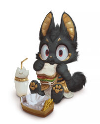  2024 anthro anubian_jackal anubis black_body black_fur canid canine canis canopic_jar cheese clothed clothing dairy_products deity drinking_straw eating egyptian_mythology fast_food_(food) food fries fruit fully_clothed fur gold_(metal) gold_jewelry jackal jewelry lettuce looking_at_viewer male mammal mayonnaise middle_eastern_mythology mythology pawpads plant red_eyes sandwich_(food) silverfox5213 simple_background solo surprised text tomato url vegetable white_background 